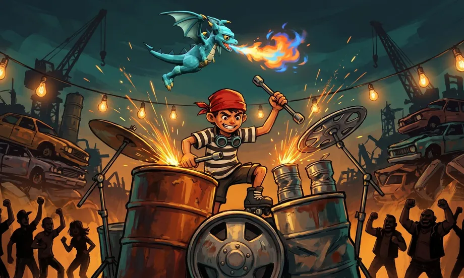 Kiko Faísca, un niño con bandana roja y camiseta a rayas, tocando una batería hecha de barriles de aceite oxidados, latas y un tapacubos, con dos llaves de cruz como baquetas y chispas saliendo de los barriles, mientras Lume, la cría de dragón, vuela encima soltando fuego, en una chatarrería de noche con lucecitas colgadas y un público de matones.