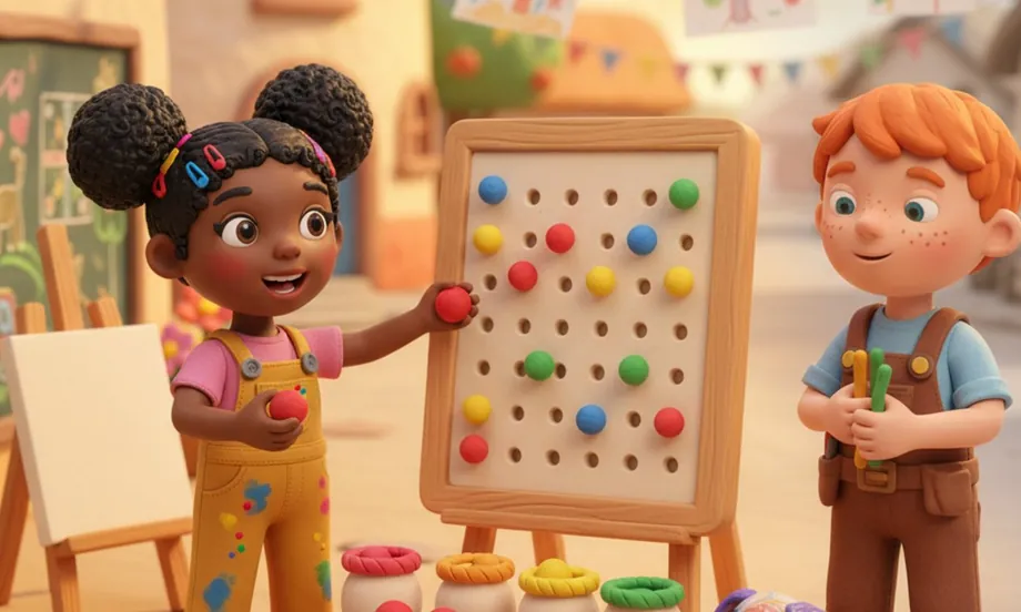 En el Taller Arcoíris, Lia, una niña de pelo rizado recogido en dos chongos y overol amarillo manchado de pintura, sostiene una bolita de plastilina roja en cada mano y muestra un tablero de agujeritos en un caballete, con bolitas de colores repartidas; del otro lado, un niño pelirrojo y pecoso sostiene gises de colores; al frente, frascos de cerámica con bordes de plastilina rojo, naranja, amarillo y verde; al fondo, el muro para dibujar, caballetes y banderitas.