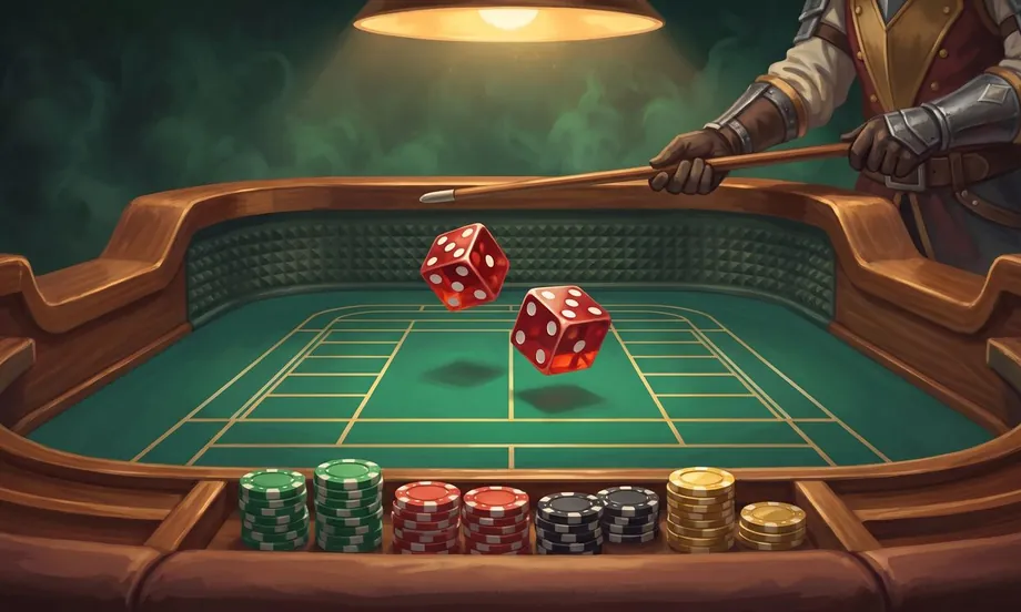 Uma mesa de craps de feltro verde num salão de cassino à meia-luz, vista do lado de quem lança: dois dados vermelhos voam no meio da mesa, logo depois de bater na parede de pirâmides do fundo. Atrás, o crupiê do Reino, de luvas e armadura, segura o bastão de madeira, e na beira da mesa há pilhas de fichas verdes, vermelhas, pretas e douradas.
