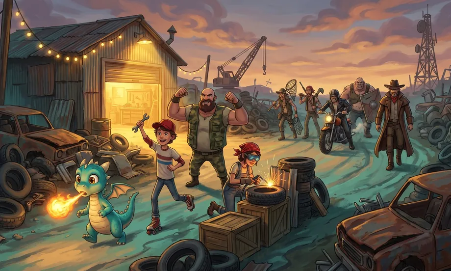 A junkyard at dusk seen from above: a dirt road loops around a pile of cars up to a sheet-metal workshop with a lit garage door. In front of it, the turquoise dragon hatchling Lume breathing fire, the boy Kiko on roller skates throwing a wrench, the huge Bruto Vale with fists raised and the mechanic Dália in a red bandana welding a barricade of tires; up the road comes a crowd of ragged thugs led by a man in a hat and duster. Sparks, string lights, a crane and a radio tower behind.