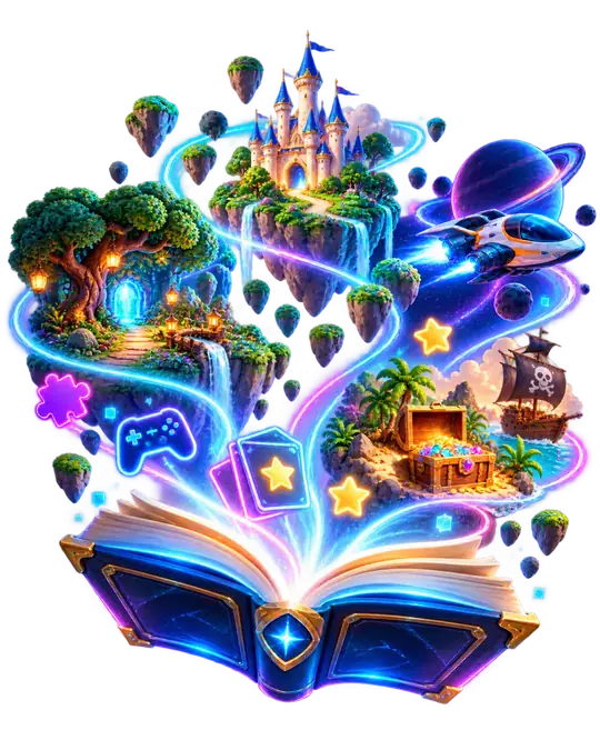 An open book with a castle, floating islands, a spaceship, a pirate ship and other game worlds rising out of it.