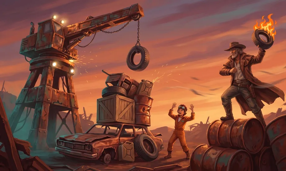 A rusty gantry crane in a junkyard at dusk lowers a tire on a chain onto a wobbly tower of scrap: an old car at the bottom, a wooden crate, a drum, a jerrycan, a tire, all leaning; Kiko, a young mechanic in an orange jumpsuit, arms up at the base; on the right the Tamer, in a hat and leather duster, about to throw a burning tire. Orange sky against teal shadows.