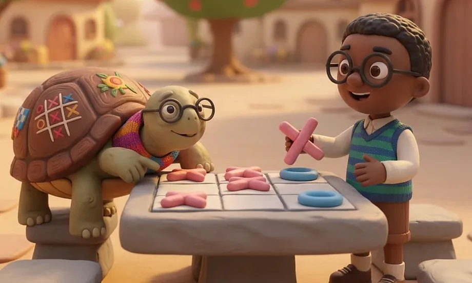 En la plaza de plastilina de Villa Patio, al atardecer: la Abuela Quelonia, una tortuga de lentes redondos y bufanda de rayas de arcoíris, con un gato pintado en el caparazón, se apoya en una mesa de piedra y señala el tablero de plastilina; del otro lado, Nino, de lentes redondos y chaleco de rayas azules y verdes, sonríe con una X rosa en la mano para su próxima jugada. En el tablero hay X rosas y aros azules; al fondo, casitas y un árbol redondo desenfocados.