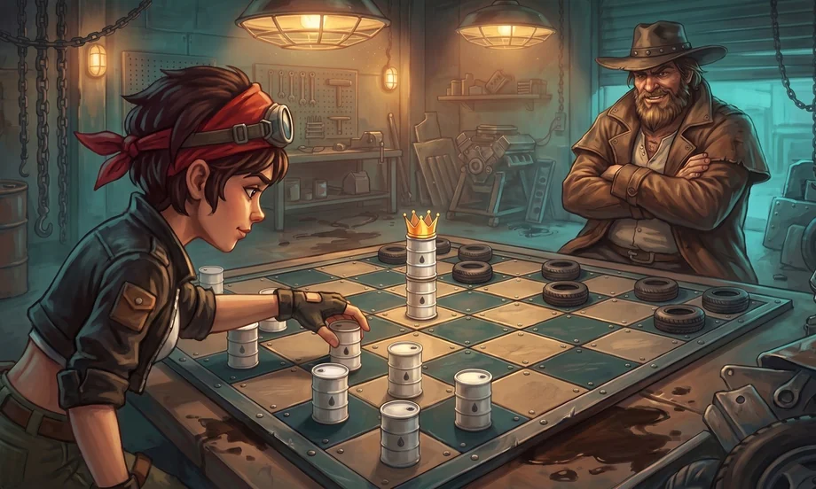 A checkers board of riveted steel plates on a workbench in Dália’s workshop, white drums on one side and black tires on the other; a king made of two stacked drums with a golden crown on top; Dália, red bandana and goggles pushed up on her head, leaning in to move a drum; across the table, the Tamer in a hat and leather coat, arms folded. Warm lamp light against teal shadows.
