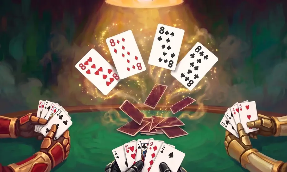 Uma mesa de feltro verde no salão do Reino da Dama de Copas: no meio, os quatro oitos do baralho — de copas, de ouros, de espadas e de paus — saltam do monte em leque, girando num redemoinho dourado, enquanto mãos de jogadores seguram as próprias cartas nas bordas da mesa. Luz quente de luminária e fundo verde enfumaçado.