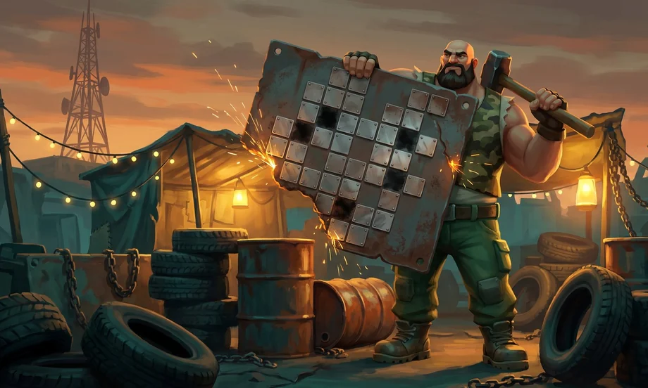 Bruto Vale, the huge bald bearded man in a camouflage vest from the Steel Flames franchise, in a junkyard at dusk, a sledgehammer over one shoulder and his other hand lifting a rusty steel plate covered with a grid of metal letter tiles, sparks flying; tire stacks, oil drums, string lights and a radio tower behind.