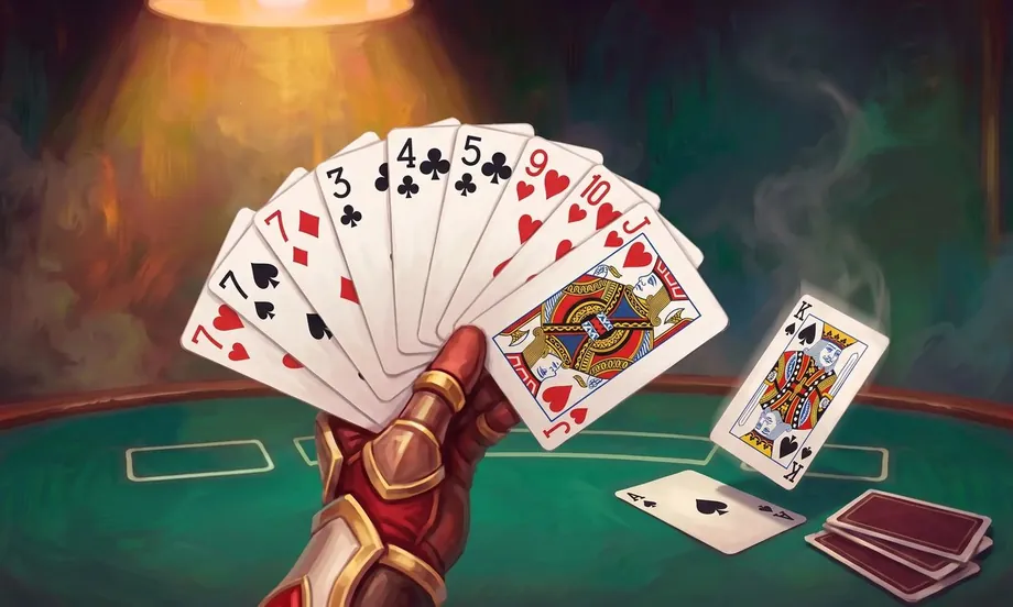 Uma mesa de feltro verde no salão do Reino da Dama de Copas: no meio, uma mão de nove cartas aberta em leque mostra três jogos prontos — uma trinca de setes de naipes diferentes, uma sequência de paus e outra de copas —, e a décima carta cai no lixo ao lado do monte. Luz quente de luminária e fundo verde enfumaçado.