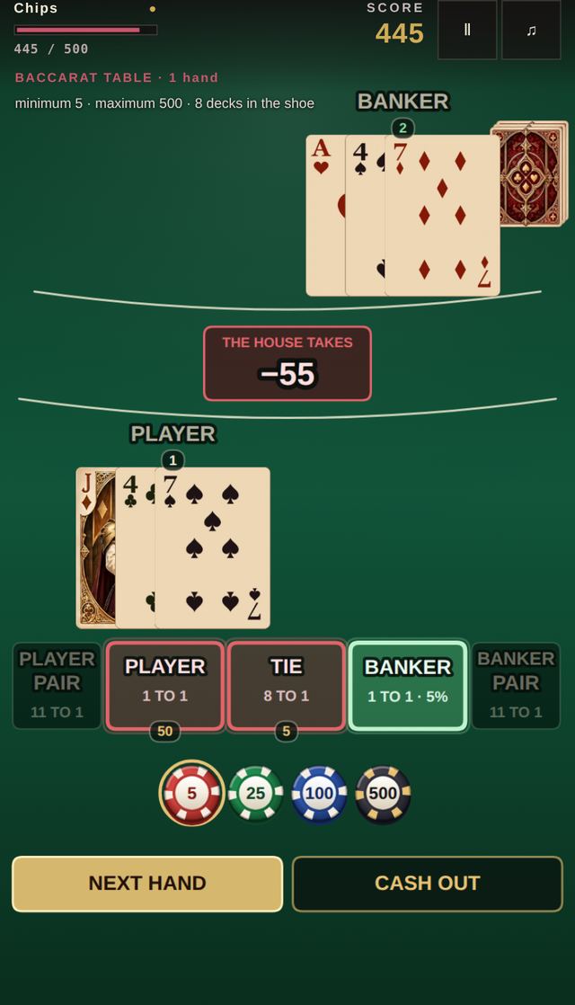 A round of Baccarat in progress, captured inside the game.