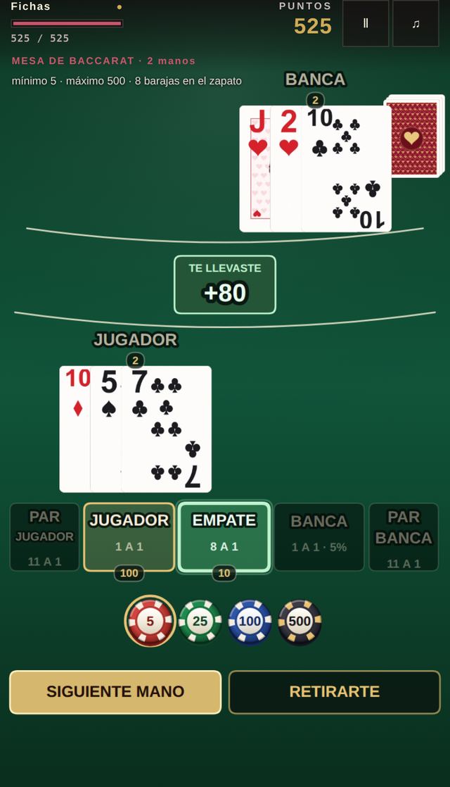 Una partida de Baccarat en curso, capturada dentro del juego.