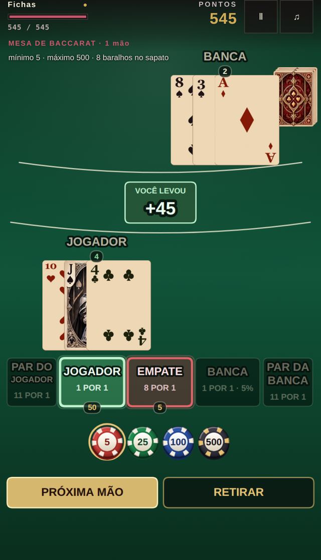 Uma partida de Baccarat em andamento, capturada dentro do jogo.