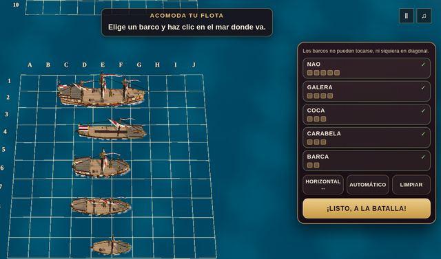 Una partida de Batalla Naval en curso, capturada dentro del juego.
