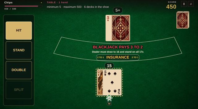 A round of Blackjack 21 in progress, captured inside the game.