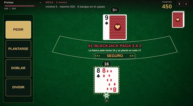 Una partida de Blackjack 21 en curso, capturada dentro del juego.