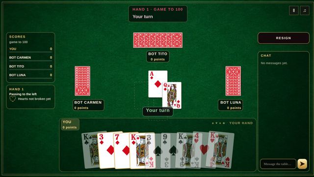 Screenshot of Hearts, mid-game.