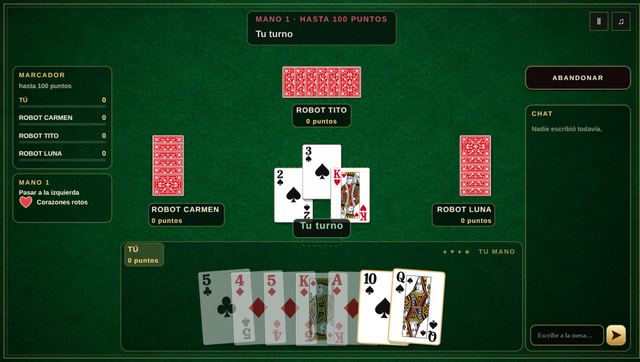 Una partida de Corazones en curso, capturada dentro del juego.