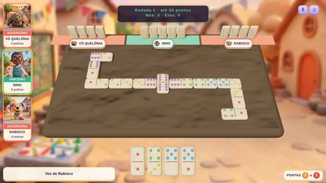 Uma partida de Dominó da Praça em andamento, capturada dentro do jogo.