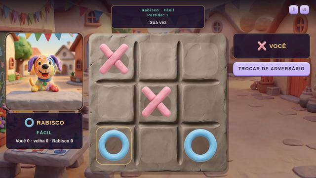 Uma partida de Jogo da Velha em andamento, capturada dentro do jogo.