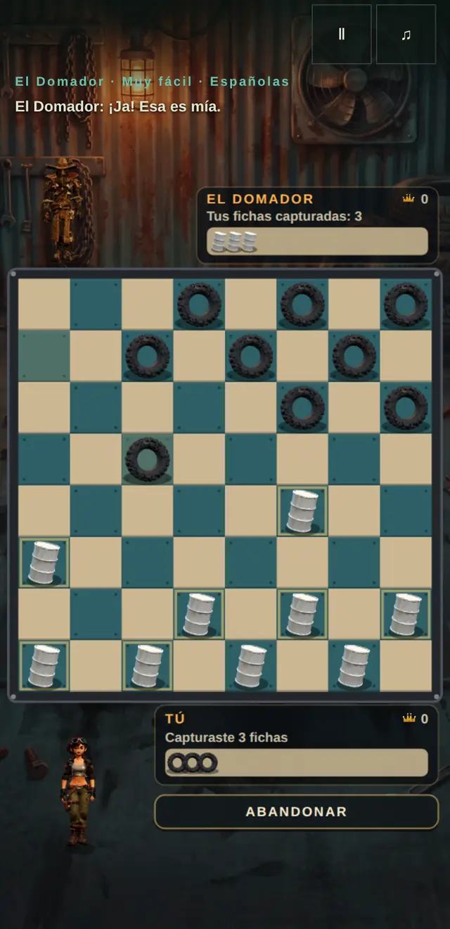 Una partida de Damas en curso, capturada dentro del juego.