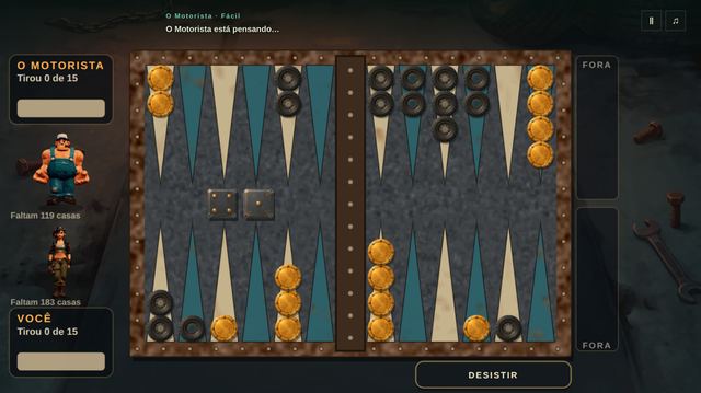 Uma partida de Jogo de Gamão em andamento, capturada dentro do jogo.