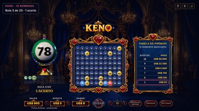 Uma partida de Keno em andamento, capturada dentro do jogo.