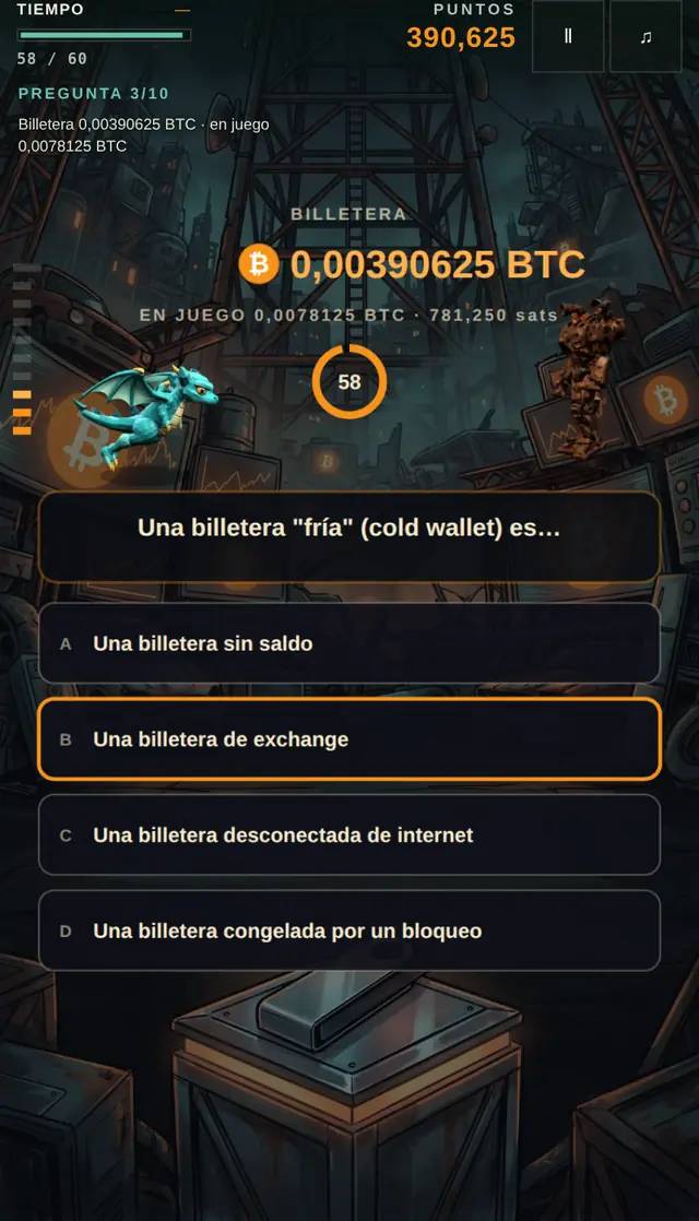 Una partida de La Pregunta del Bitcoin en curso, capturada dentro del juego.