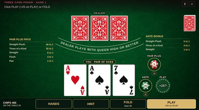 Screenshot of Three Card Poker, mid-game.