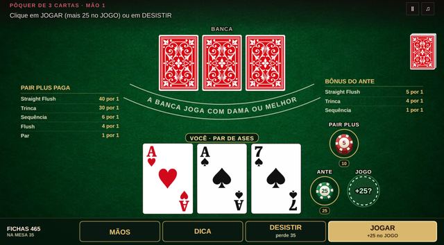 Uma partida de Pôquer de 3 Cartas em andamento, capturada dentro do jogo.