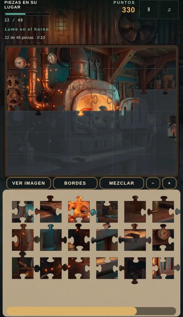 Una partida de Rompecabezas del Taller en curso, capturada dentro del juego.