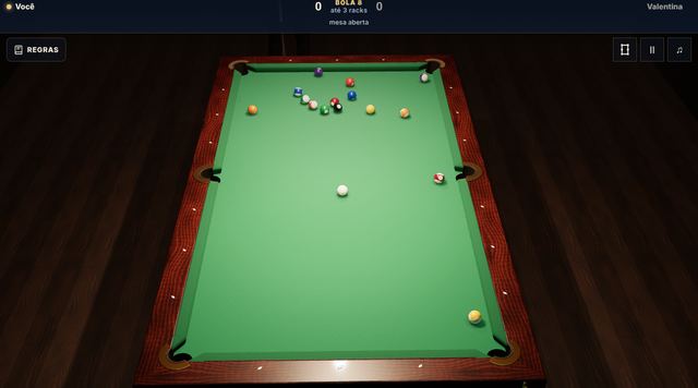 Uma partida de Simulador de Sinuca em andamento, capturada dentro do jogo.