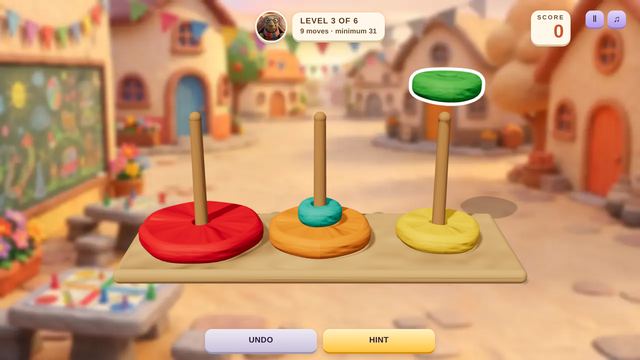 Screenshot of Tower of Hanoi, mid-game.