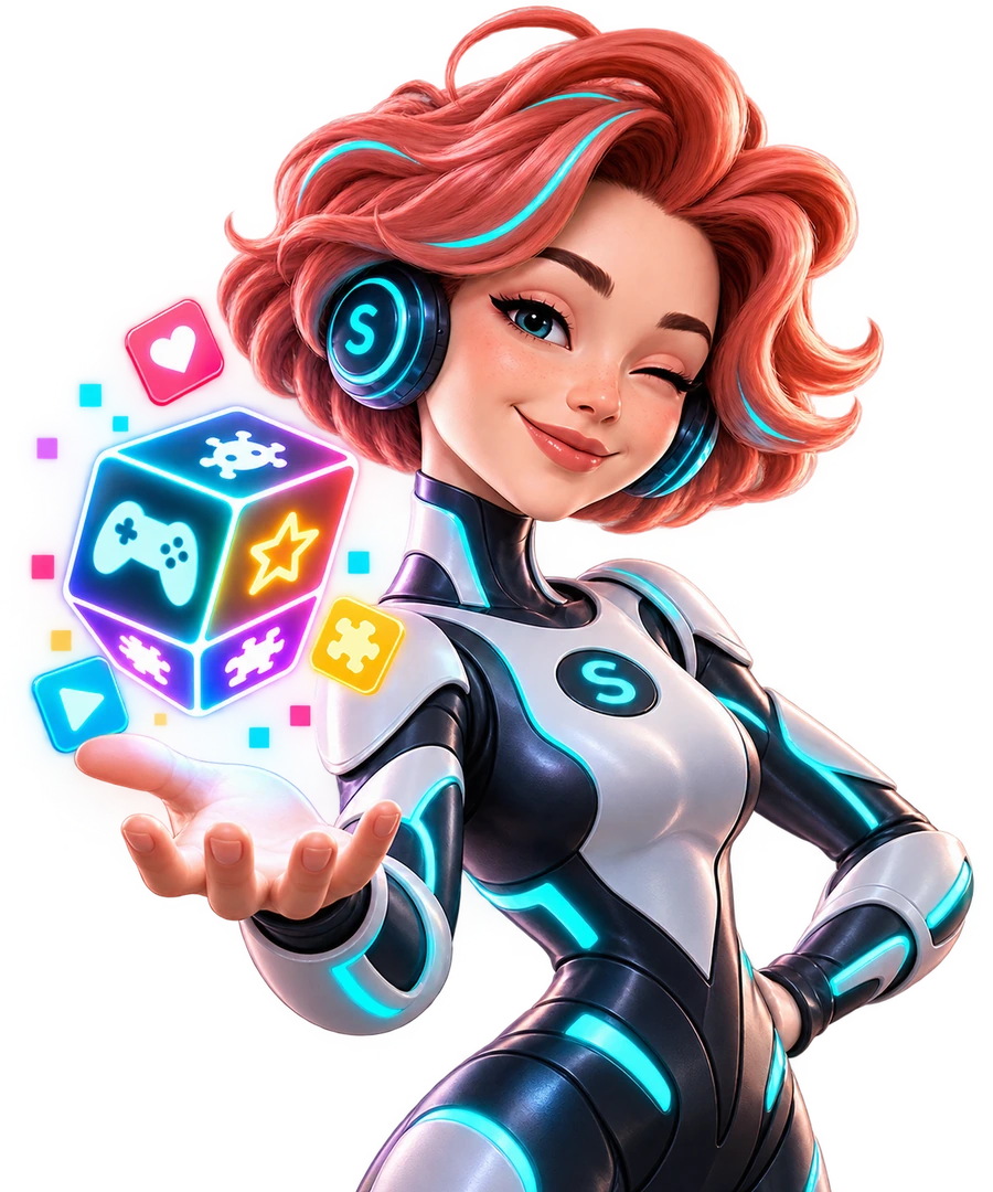 Selminha, the AI character, showing off her glowing cube of games.
