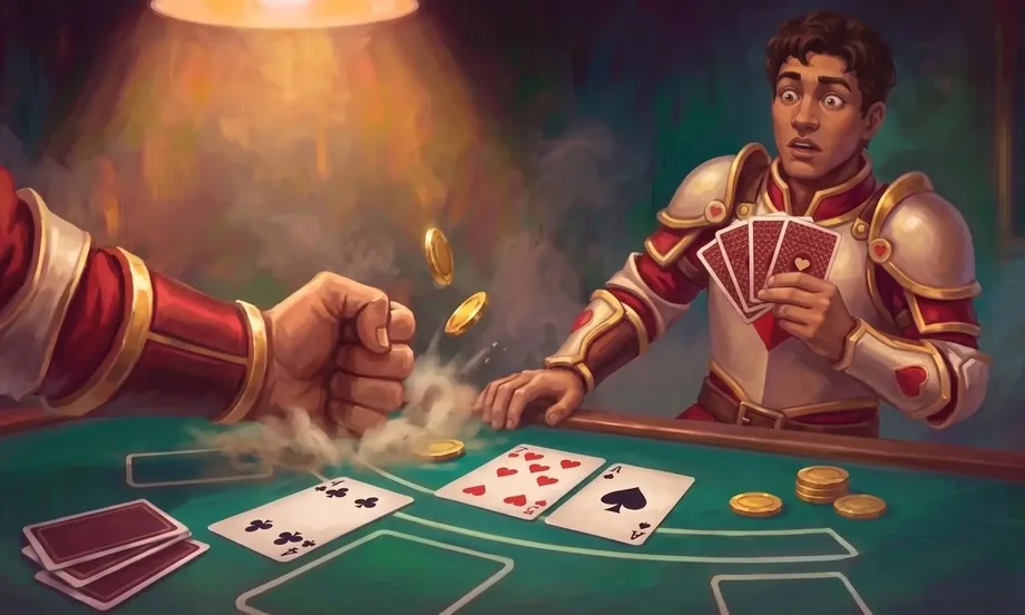 Uma mesa de feltro verde no salão do Reino da Dama de Copas, vista de perto: uma mão bate com força na mesa ao lado de três cartas abertas — o 4 de paus, o 7 de copas e o ás de espadas — e faz moedas de ouro pularem, enquanto do outro lado um jogador de armadura arregala os olhos, com as cartas na mão. Um monte de cartas fechadas, luz quente de uma luminária e fundo verde enfumaçado.