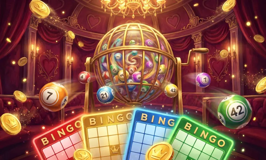 A golden bingo cage full of colorful balls in a red room with a crystal chandelier, velvet curtains and golden hearts on the walls. Numbered balls and gold coins stamped with a crown fly around it, and four glowing bingo cards, red, yellow, blue and green, sit in front.