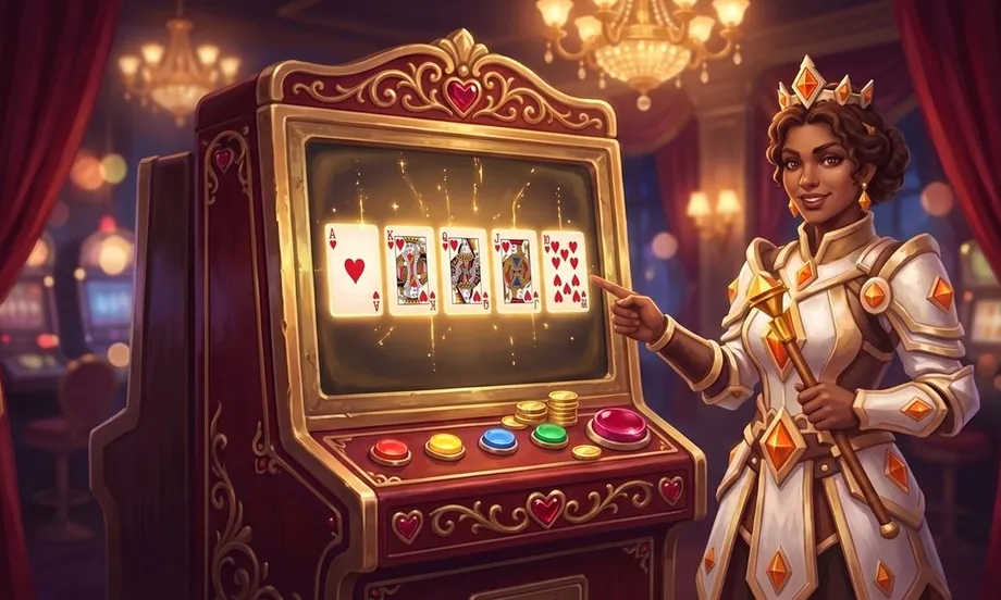 La Dama de Diamantes, con armadura blanca y dorada con gemas naranjas en forma de diamante y una corona, sonríe y señala la pantalla de una máquina de video póker roja con filetes dorados y corazones de rubí. En la pantalla brillan cinco cartas de corazones —as, rey, reina, jota y diez, la escalera real—, sobre botones de colores y una pila de monedas de oro, en un salón de casino con cortinas de terciopelo rojo y candelabros encendidos.